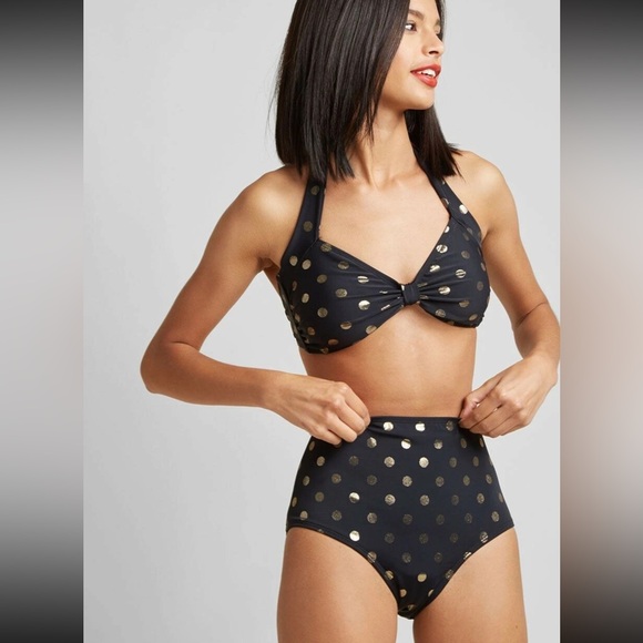 Elegant Black and Gold Polka Dot Bikini Set 60s retro tummy control high waisted - Picture 1 of 11
